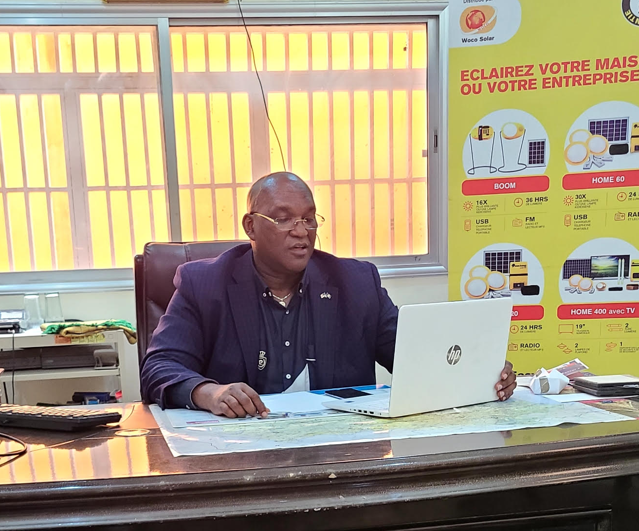 Dialor Didier Fall, CEO of Woco Solar, in his office